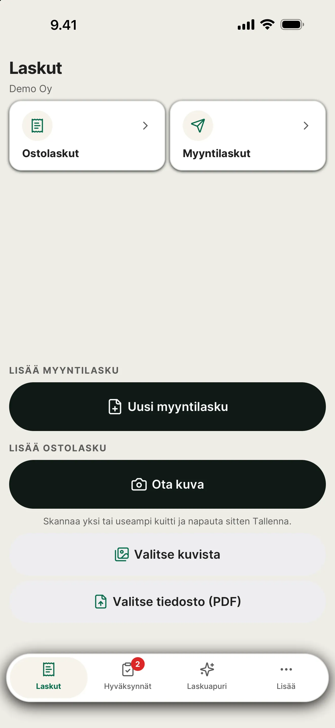 tulos.ai-sovelluksen Laskut-näkymä, josta luodaan myyntilasku tai kuvataan kuitti