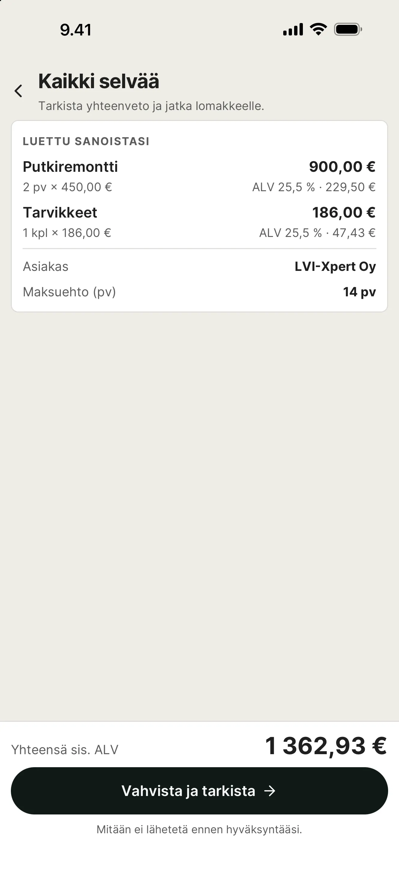 tulos.ai-sovelluksen Laskuapuri-näkymä