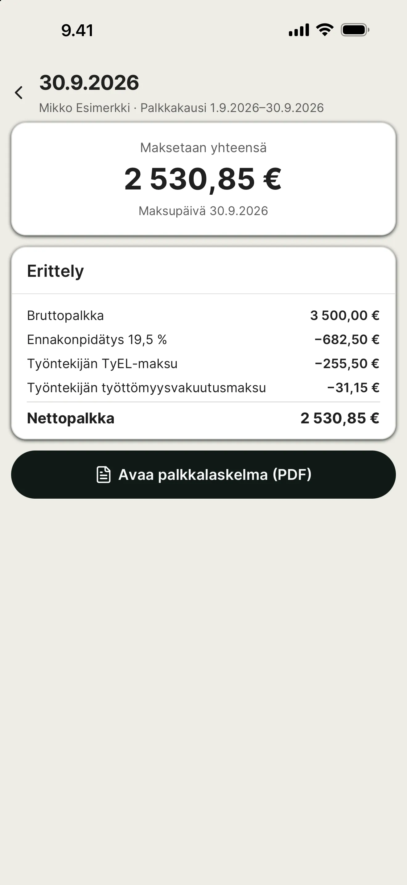 tulos.ai-sovelluksen palkkalaskelma, jossa bruttopalkka, vähennykset ja nettopalkka